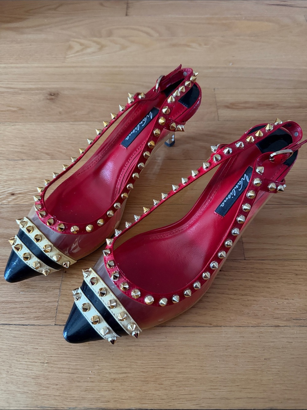 Red Studded Slingback Heels with Black Pointed Toe